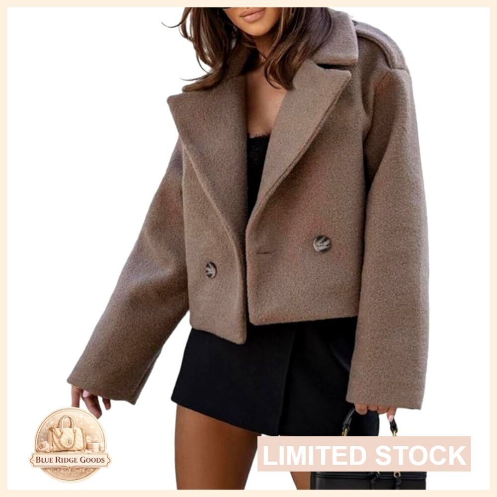 Wool Blend Cropped Trench Coat Double Breasted Pea Coat Blazer Jacket